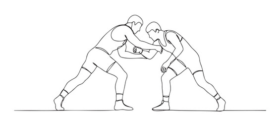 Two athletes engaged in Greco-Roman wrestling in an outlined sketch style