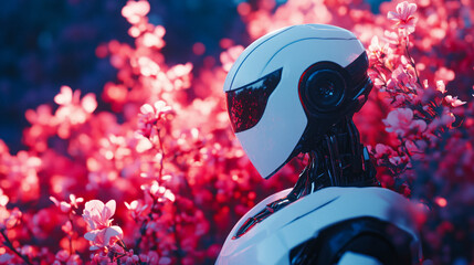 Humanoid robot surrounded by blooming pink flowers