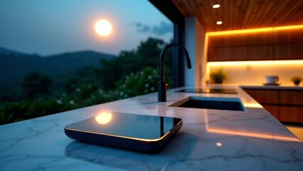 Smart home hub in luxurious kitchen at sunset