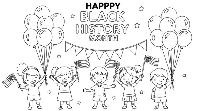 Happy black history month celebration with kids holding flags and balloons isolated on transparent background