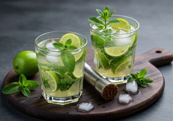 Two mojito cocktails with lime and mint on a dark wooden board