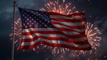 The American flag flutters on a pole against a backdrop of fireworks, symbolizing important days, celebrations, New Year's Day, Independence Day.