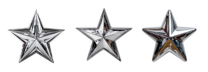 Fototapeta premium Three shiny silver metal stars, isolated on transparent background