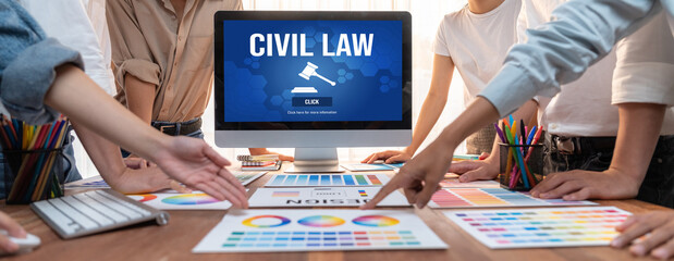 Civil law brisk information showing on computer screen for Common Justice Legal Regulation Rights...