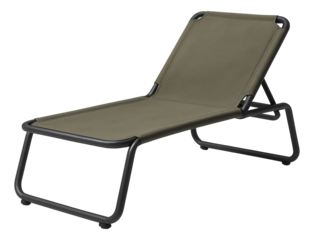 A compact, portable camping-style sun lounger with a steel frame and durable canvas fabric, designed for small terraces.