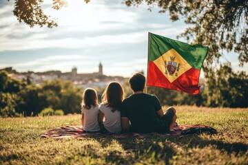 Family enjoys a sunny afternoon in the park with the flag of Portugal beautifully waving in the breeze, flag of portugal over caucasian family in park