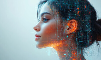 Profile of young woman with digital abstract data and futuristic glowing technology interface overlaid on half of face representing artificial intelligence and virtual reality concept