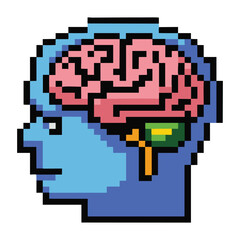 Obraz premium Pixel art illustration of a human head profile with a visible brain inside