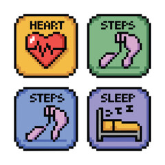 Obraz premium Pixel art icons for health tracking heart steps and sleep data