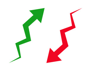 Trend or Green upward and red downward arrows representing growth decline financial trend market movement business success loss investment economics strategy direction change