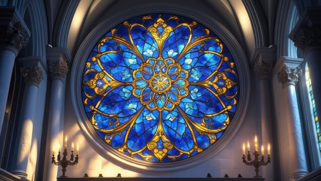 Majestic blue and gold stained glass rose window with ornate golden tracery image