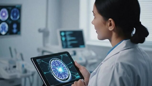 Female Doctor using advanced AI on tablet to analyze brain scan. Futuristic healthcare technology, neurology, and medical innovation. - Powered by Adobe