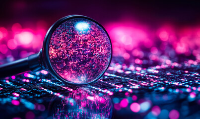 Magnifying glass highlighting glowing pink and blue digital binary data stream on reflective surface with blurred neon background for cybersecurity and data analysis concept