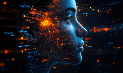 Futuristic digital human face composed of glowing data points and vibrant orange light particles in artificial intelligence concept visualization