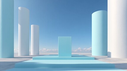 Fototapeta premium Serene Outdoor Display with Blue Pedestal and Cylindrical Columns Against Blue Sky