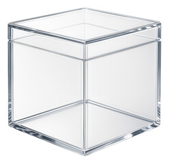 A transparent storage ottoman made of acrylic, ideal for a futuristic home office.
