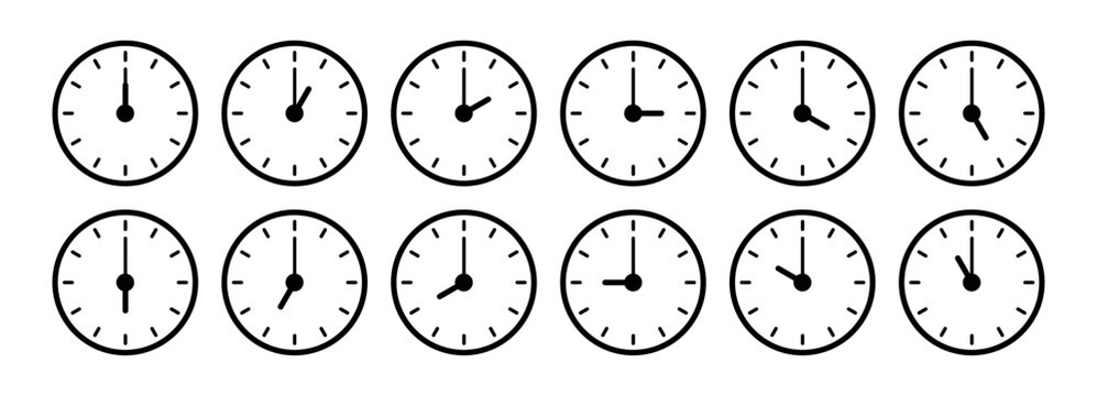 Clock faces, timer, hours showing different times representing time management schedule planning punctuality deadline daily routine organization business reminder countdown