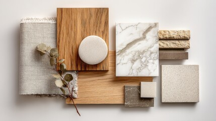 Ultra quality image of beige and white flat lay with curated textures: oak wood, marble pieces, linen fabric, and organic tile samples for home design.