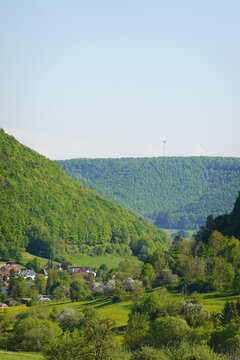  The panorama of landscape in Schwabische Alb, in the region of Goeppingen, Baden Wuerttemberg, Germany 