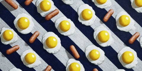 Seamless diagonal stripes of fried eggs and sausages on navy and white, playful breakfast pattern