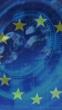 Animation of scope scanning and 5g symbol over flag of eu