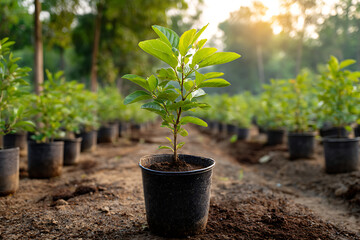 Young green sapling growing in black pot outdoors young sapling green leaves