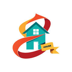 Elegant house logo with flowing ribbon forming letter, modern home icon, real estate branding, creative ribbon design vector illustration