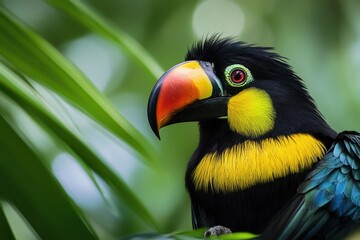 Fototapeta premium Vibrant wild bird observes surroundings with curiosity in lush tropical setting, beautiful wild bird looks around with interest