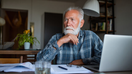 An older man in a checkered shirt sits at his home office, reflecting thoughtfully while looking at his laptop in the afternoon light