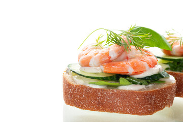 Diet sandwich with seafood on white background