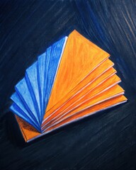 Stack of Orange and Blue Flyers Fanned Out on Dark Surface