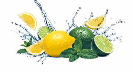 Dynamic Citrus Splash with Halftone Lemons, Limes, and Mint on White Background