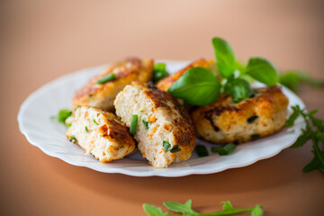 Chicken cutlets fried until crusty on a brown background