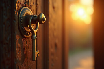 Obraz premium Antique Key in Wooden Door with Sunlit Background, Symbolic Entryway Moment