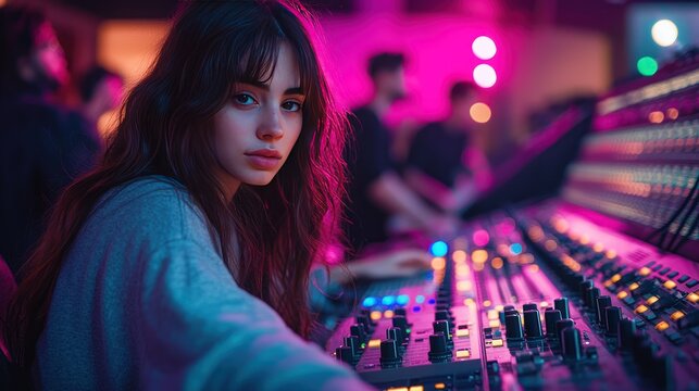 Woman engineer studio mixing board night teamwork - Powered by Adobe