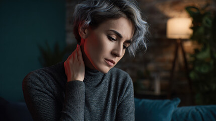 Fototapeta premium A woman with short, curly hair is holding her neck in a softly lit room. She looks thoughtful, possibly feeling discomfort at home