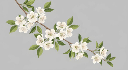 Fototapeta premium Minimalist Floral Garland with White Blossoms and Green Leaves on a Gray Background