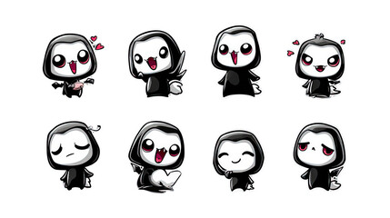 Collection of cute cartoon reapers isolated on transparent background