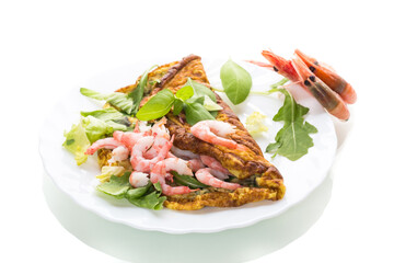 Appetizing breakfast omelet with shrimps and dill, on a white background