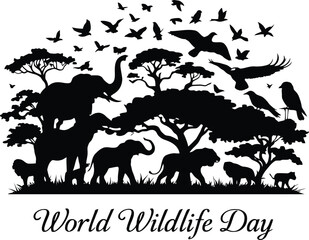 World Wildlife Day Emblem Featuring Elephants, Trees, and Birds in Natural Silhouette Scene