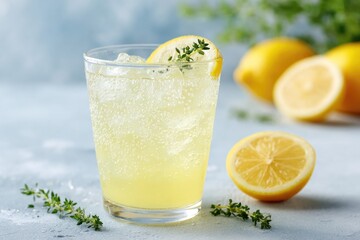 close-up of honey-lemon homemade lemonade garnished with thyme