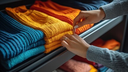 Woman organizing colorful sweaters in closet