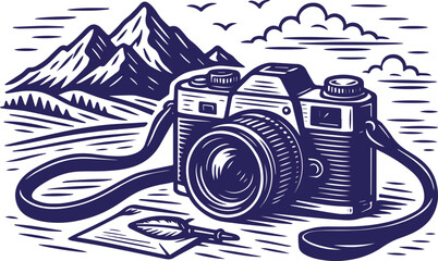 Vintage camera in line art style with mountain landscape background