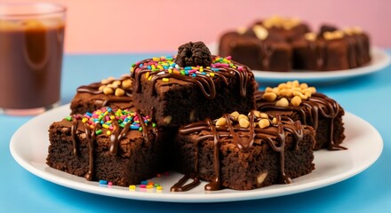 Assorted decorated chocolate brownies with sprinkles and nuts