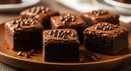 Close-up of fudgy chocolate chip brownies on a wooden plate