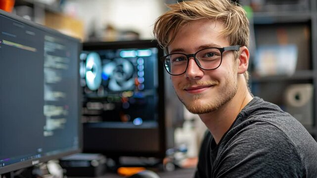 Young coder smiles near monitor displaying lines of complex code