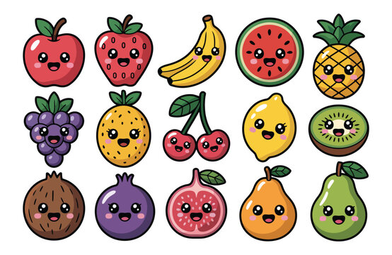 Collection of cute kawaii fruits with happy faces and big eyes