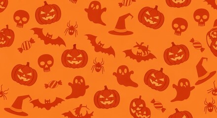 Festive arrangement of halloween themed icons on a bright orange backdrop