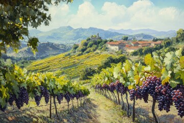 Naklejka premium Fresh grapes ripening in a traditional vineyard during a sunny day in the countryside, Fresh grapes ripening in traditional vineyard