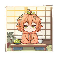 A cute anime girl character sitting at a table with tea and fruit isolated on transparent background